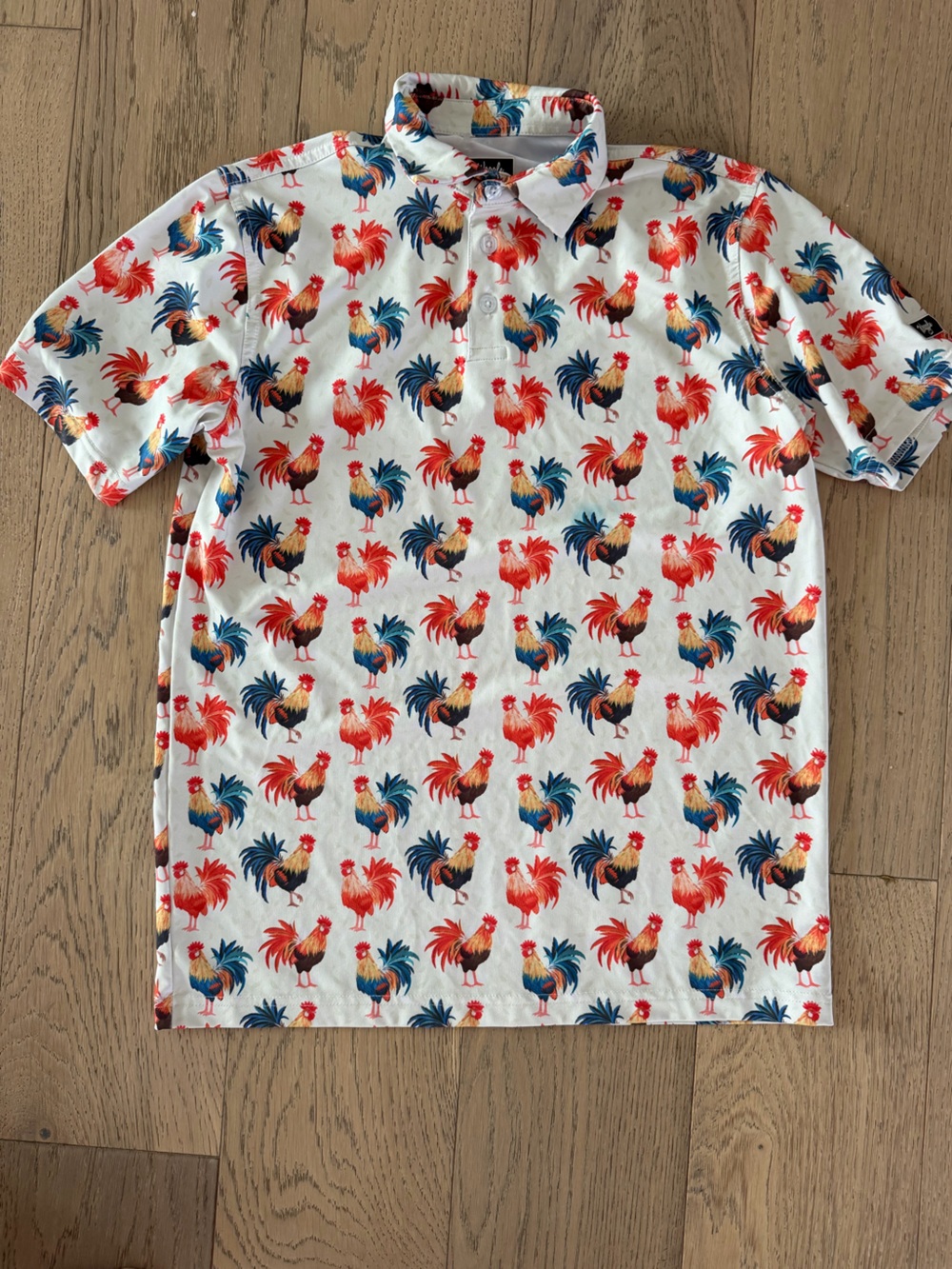 Waggle Golf Polo Shirt Boys Size Large L White Multi Rooster Print Athletic